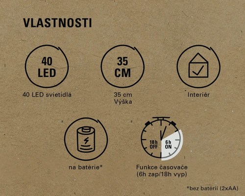 Vlastnosti: 40 LED, výška 35 cm, vhodné do interiéru, prevádzka na batérie, funkcia časovača