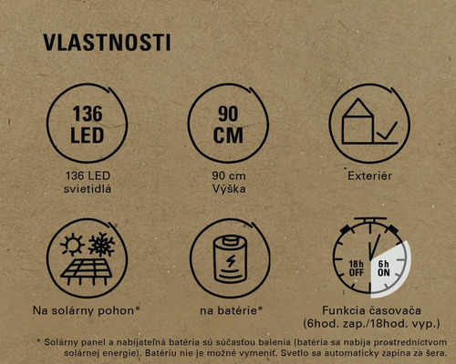Vlastnosti: 136 LED, výška 90 cm, vhodné pre exteriér, solárny pohon, batériový pohon, funkcia časovača