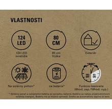 Vlastnosti produktu: 124 LED, výška 80 cm, vhodné pre vonkajšie použitie, solárny pohon, batériový pohon, funkcia časovača