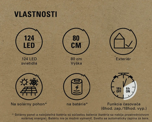 Vlastnosti produktu: 124 LED, výška 80 cm, vhodné pre vonkajšie použitie, solárny pohon, batériový pohon, funkcia časovača