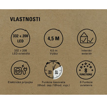 Vlastnosti produktu: 332 plus 208 LED, výška 4,5 metra, interiér aj exteriér, elektrická prípojka, funkcia časovača šesť hodín zapnuté, 18 hodín vypnuté, osem svetelných funkcií.