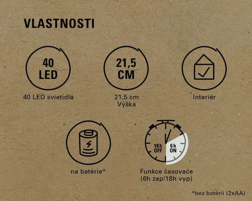 Vlastnosti: 40 LED, výška 21,5 cm, pre interiéry, napájanie na batérie, funkcia časovača