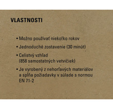 Vlastnosti produktu: možno používať niekoľko rokov, jednoduché zostavenie (30 minút), celistvý vzhľad (858 samostatných vetvičiek), je vyrobený z nehorľavých materiálov a spĺňa požiadavky v súlade s normou EN 71-2