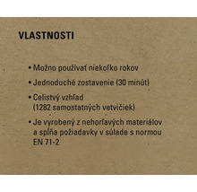 Vlastnosti: Možno používať niekoľko rokov, jednoduché zostavenie (30 minút), celistvý vzhľad (1282 samostatných vetvičiek), je vyrobený z nehorľavých materiálov a spĺňa požiadavky v súlade s normou EN 71-2