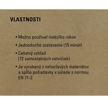 Vlastnosti: Možno používať niekoľko rokov, jednoduché zostavenie (15 minút), celistvý vzhľad (72 samostatných vetvičiek), je vyrobený z nehorľavých materiálov a spĺňa požiadavky v súlade s normou EN 71-2
