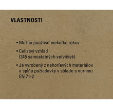 Vlastnosti: Možno používať niekoľko rokov, celistvý vzhľad (345 samostatných vetvičiek), je vyrobený z nehorľavých materiálov a spĺňa požiadavky v súlade s normou EN 71-2.