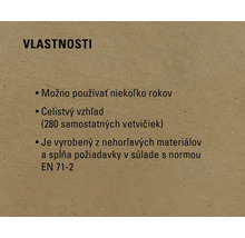 Vlastnosti: Možno používať niekoľko rokov, celistvý vzhľad (280 samostatných vetvičiek), je vyrobený z nehorľavých materiálov a spĺňa požiadavky v súlade s normou EN 71-2