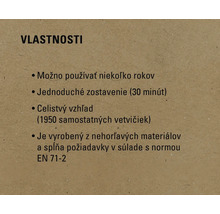 Vlastnosti: Možno používať niekoľko rokov, jednoduché zostavenie (30 minút), celistvý vzhľad (1950 samostatných vetvičiek), je vyrobený z nehorľavých materiálov a spĺňa požiadavky v súlade s normou EN 71-2