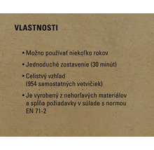 Vlastnosti: Možno používať niekoľko rokov, jednoduché zostavenie (30 minút), celistvý vzhľad (954 samostatných vetvičiek), je vyrobený z nehorľavých materiálov a spĺňa požiadavky v súlade s normou EN 71-2