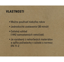 Vlastnosti produktu, vrátane dlhodobého používania, jednoduchá montáž za 30 minút, plný vzhľad s 1442 jednotlivými vetvami, vyrobené z nehorľavých materiálov a spĺňa EN 71-2.