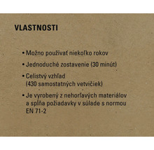 Vlastnosti produktu: Možno používať niekoľko rokov, jednoduché zostavenie za 30 minút, celistvý vzhľad so 430 samostatnými vetvičkami, vyrobený z nehorľavých materiálov a spĺňa požiadavky podľa normy EN 71-2