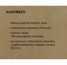 Vlastnosti: Možno používať niekoľko rokov, jednoduché zostavenie (15 minút), celistvý vzhľad (26 samostatných vetvičiek), je vyrobený z nehorľavých materiálov a spĺňa požiadavky v súlade s normou EN 71-2