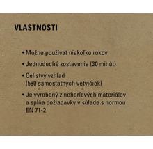 Vlastnosti: Možno používať niekoľko rokov, jednoduché zostavenie (30 minút), celistvý vzhľad (580 samostatných vetvičiek), je vyrobený z nehorľavých materiálov a spĺňa požiadavky v súlade s normou EN 71-2.