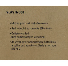 Vlastnosti: Možno používať niekoľko rokov, jednoduché zostavenie (30 minút), celistvý vzhľad (876 samostatných vetvičiek), vyrobený z nehorľavých materiálov a spĺňa požiadavky v súlade s normou EN 71-2.