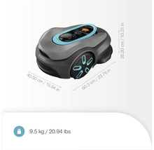 Robotická kosačka Gardena s rozmermi 40,50 cm x 60,3 cm x 26,20 cm a hmotnosťou 9,5 kg.