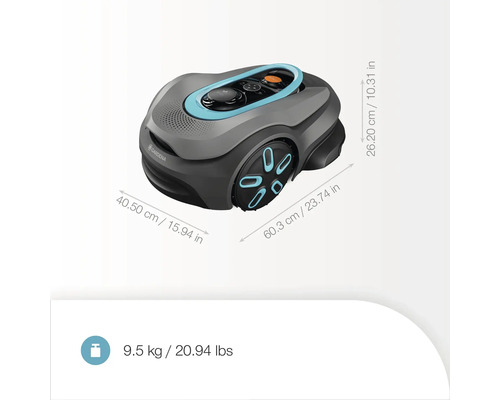 Robotická kosačka Gardena s rozmermi 40,50 cm x 60,3 cm x 26,20 cm a hmotnosťou 9,5 kg.