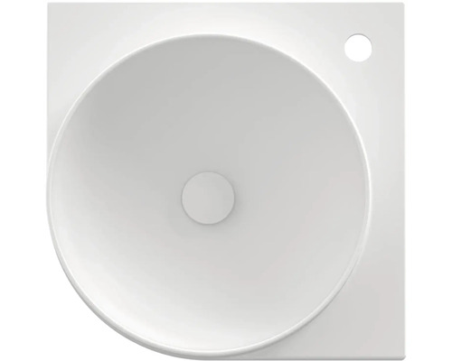 Pohľad zhora na keramické umývadlo s okrúhlou misou