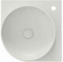 Pohľad zhora na umývadlo na dosku zo sanitárnej keramiky s okrúhlou misou a štvorcovým základným tvarom