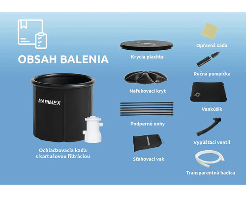 Obsah balenia s ochladzovacou kaďou, kartušovým filtrom, krytom, nafukovacím krytom, podpernými nohami, baliacim vakom, súpravou na opravu, ručnou pumpou, vankúšom, vypúšťacím ventilom a priehľadnou hadicou