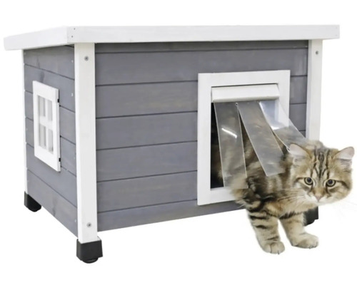 Mačka vstupuje do sivého domčeka pre mačky s klapkou