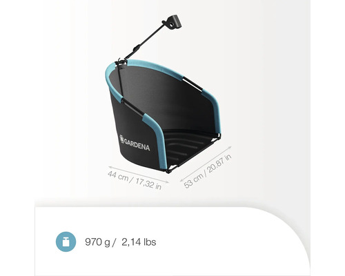 Držiak na vrece na lístie Gardena s logom Gardena, rozmery 44 x 53 centimetrov, hmotnosť 970 gramov