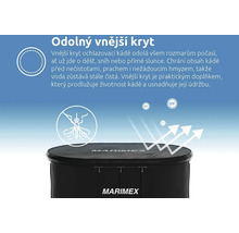 Logo Marimex. Ilustrácia znázorňuje ochranu pred poveternostnými vplyvmi, nečistotami, hmyzom a ultrafialovým žiarením.