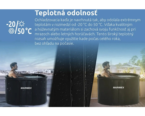 Obrázok kúpacieho suda s teplotnou odolnosťou od mínus 20 stupňov Celzia do 50 stupňov Celzia. Značka Marimex.