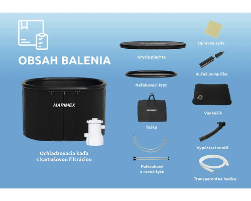 Obsah balenia ochladzovacej kade s kartušovou filtráciou, krycou plachtou, nafukovacím krytom, taškou, polkruhovými a rovnými tyčami, opravnou súpravou, ručnou pumpičkou, vankúšikom, vypúšťacím ventilom a transparentnou hadicou