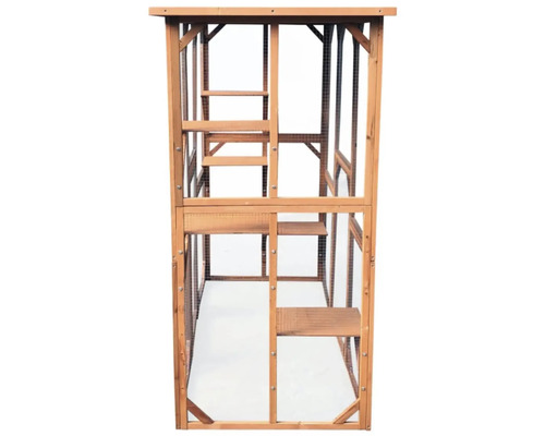 Drevená vonkajšia voliéra pre mačky s niekoľkými úrovňami a pletivom