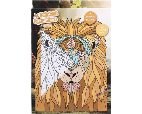 Súprava na maľovanie podľa čísel s motívom leva, vrátane troch štetcov a dvanástich akrylových farieb