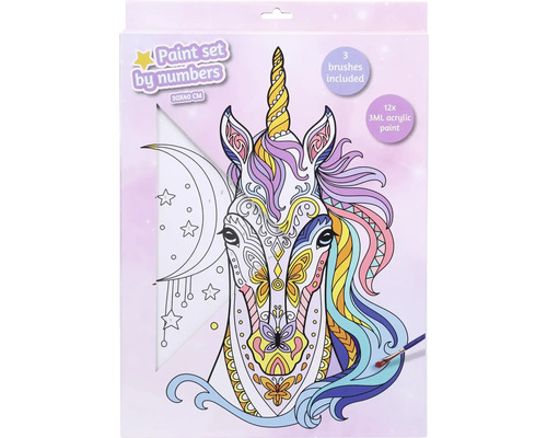 Sada na maľovanie podľa čísel Jednorožec s tromi štetcami a dvanástimi akrylovými farbami