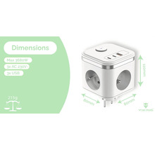 Biela zásuvková kocka s tromi ochrannými kontaktnými zásuvkami a tromi USB portami.