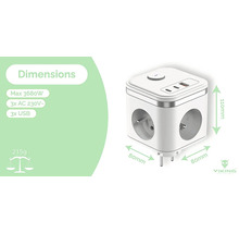 Biela zásuvková lišta v tvare kocky s tromi zásuvkami, tromi portami USB a rozmermi.