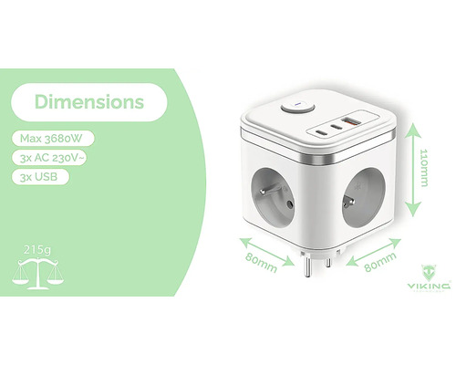 Biela zásuvková lišta v tvare kocky s tromi zásuvkami, tromi portami USB a rozmermi.