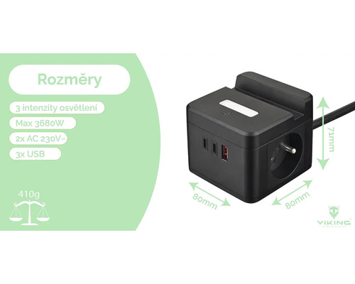 Čierny adaptér zástrčky s dvomi striedavými zásuvkami, tromi portami USB a rozmermi