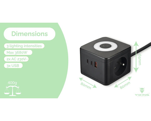 Čierna zásuvková lišta s dvoma AC zásuvkami, tromi USB portami a tromi úrovňami jasu