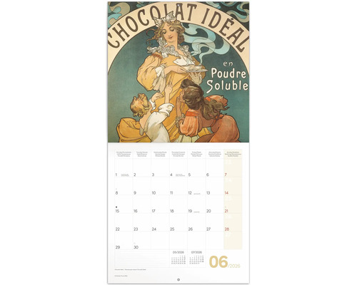 Nástenný kalendár s čokoládovým motívom v štýle Art Nouveau na mesiac jún 2026