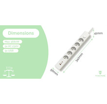 Predlžovací kábel s piatimi zásuvkami na striedavý prúd 230 V a tromi portami USB, rozmery sú viditeľné