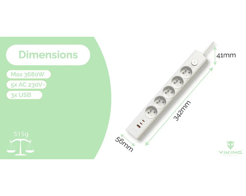 Predlžovací kábel s piatimi zásuvkami na striedavý prúd 230 V a tromi portami USB, rozmery sú viditeľné