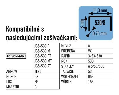 Informácie o kompatibilite sponiek J.C.Schwarz 530/8 s rôznymi zošívačkami