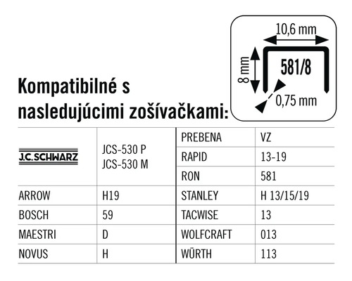 Kompatibilné zošívačky s rozmermi 10,6 mm x 8 mm a hrúbkou drôtu 0,75 mm.