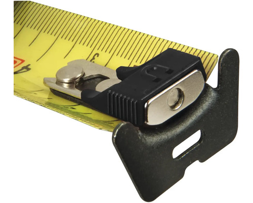 Detailný pohľad na zvinovací meter s aretačným gombíkom a hákom