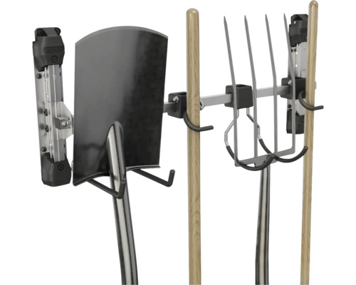 Držiak záhradného náradia s lopatou a vidlami