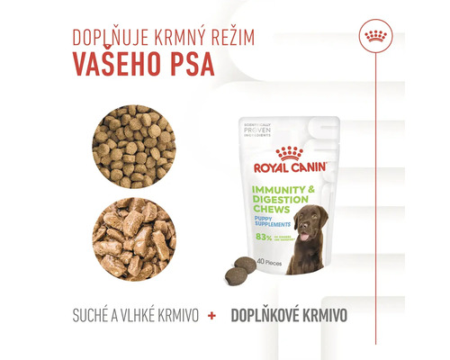 Royal Canin žuvacie maškrty pre imunitu a trávenie šteniat, doplnkové krmivo so suchým a vlhkým krmivom