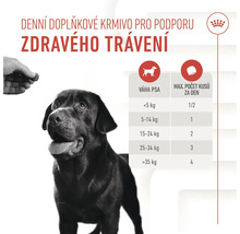 Doplnkové krmivo pre psy na podporu zdravého trávenia s dávkovacou tabuľkou