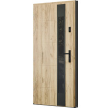 Vchodové dvere s dreveným vzhľadom, sklenenou vložkou a čiernou kľučkou