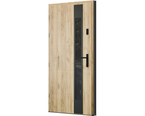 Vchodové dvere s dreveným vzhľadom, sklenenou vložkou a čiernou kľučkou