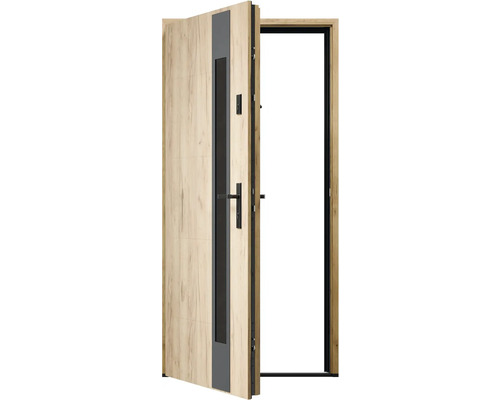 Otvorené vchodové dvere s dreveným vzorom a oknom