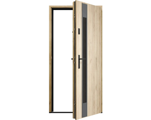 Otvorené vchodové dvere s dreveným dekorom a čiernym rámom