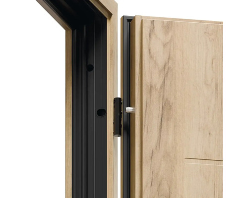 Detail interiérových dverí s drevenou štruktúrou a čiernym rámom